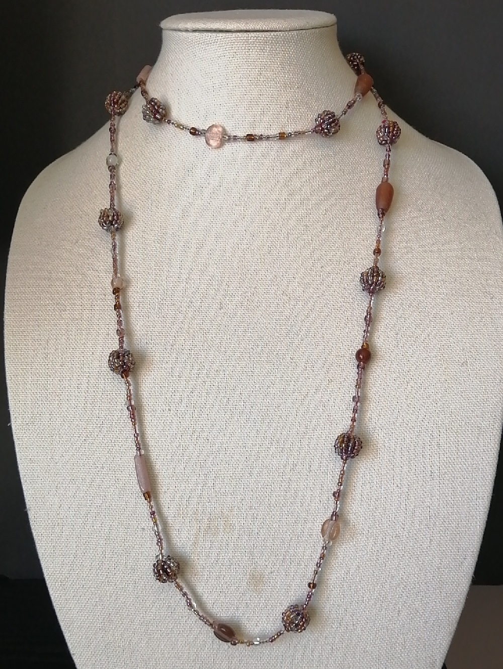 Delicate Bohemian Pink Lilac Purple Tone Glass Beaded Long Necklace